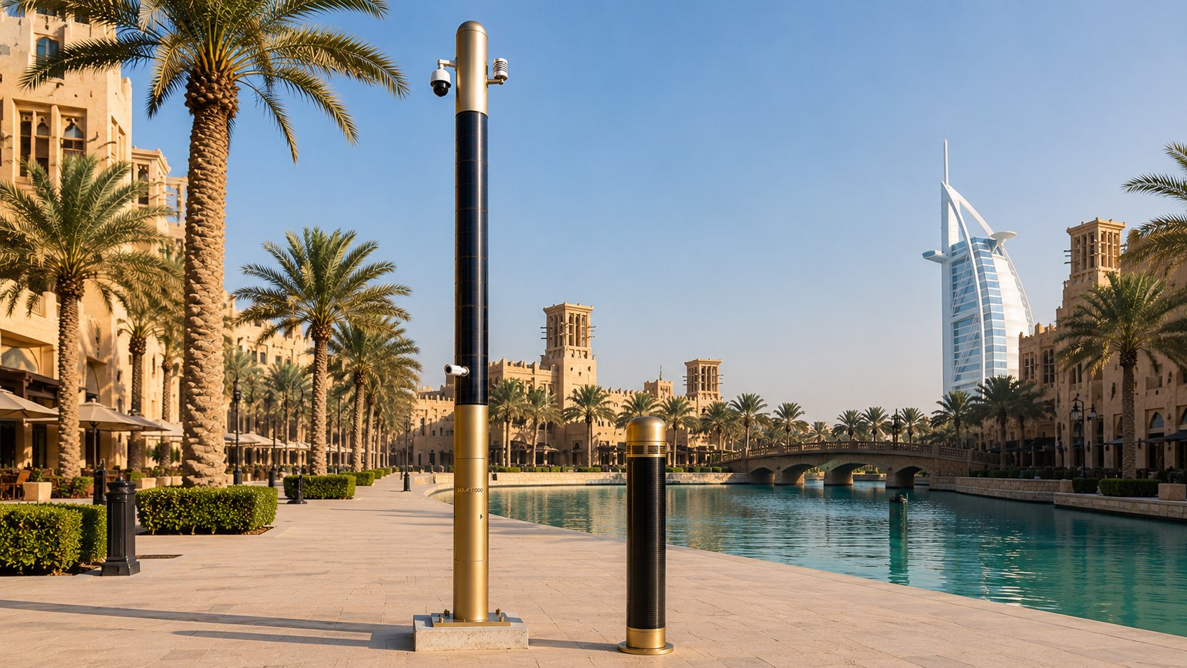 Champagne-gold cylindrical solar surveillance and monitoring poles on a Dubai waterfront