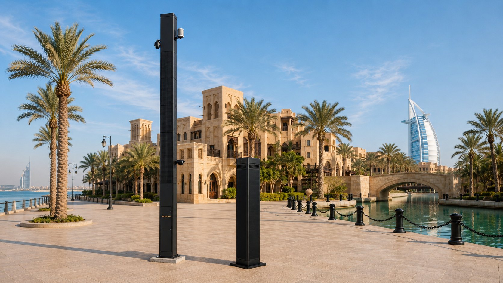 Matte-black square solar surveillance and monitoring poles on a Dubai waterfront